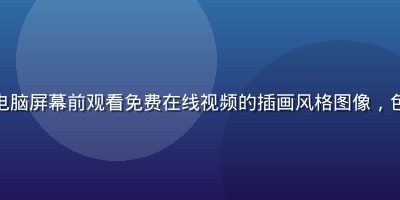 动漫角色在电脑屏幕前观看免费在线视频的插画风格图像，色彩鲜艳活泼